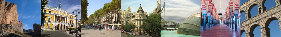 Mallos de Riglos à Huesca / Mairie de Badajoz / Ramblas de Barcelone / Immeuble Metropolis à Madrid / Cité des Arts et des sciences à Valence / Mosquée - Cathédrale de Cordoue / Aqueduc de Ségovie